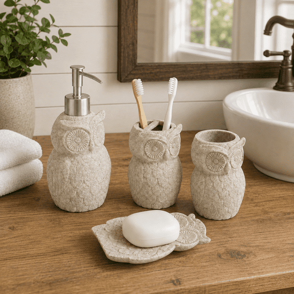Owl Resin Sandstone Bathroom Amenity Accessory Set Included Dispenser, Soap Tray, Toothbrush Holder and Tumbler (Beige)