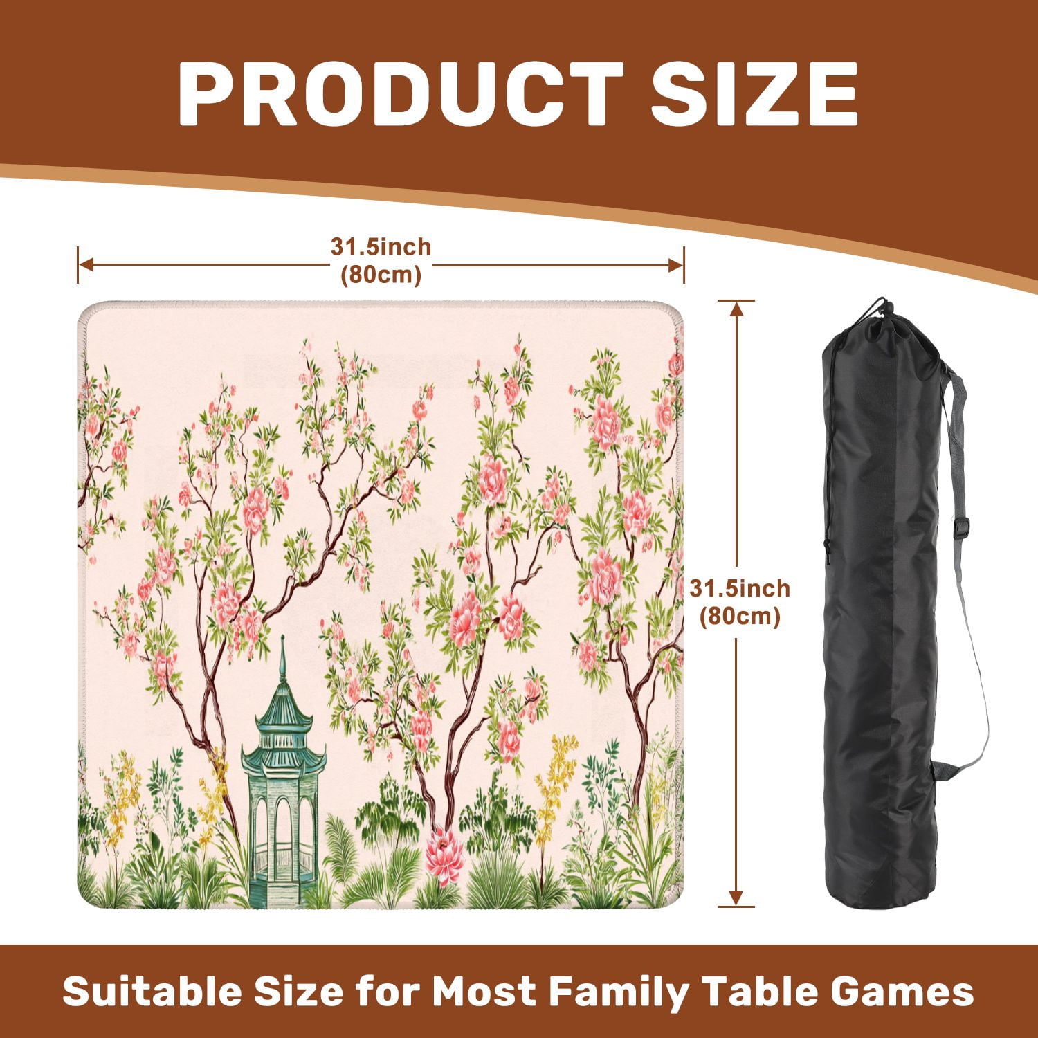 Mahjong Mat 31.5" x 31.5" Beautiful exotic chinoiserie seamless Hand drawn vintage Non-Slip Noise Reduction American Mahjong Tiles Table Cover for Dominoes Poker Card Board Games Gift