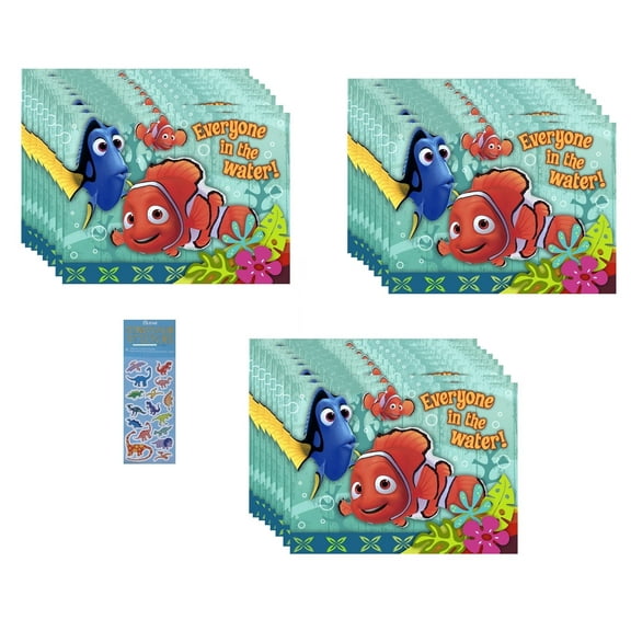 Finding Nemo Dory Birthday Party Supplies Bundle includes 24 Party Invitations with Envelopes and 1 Dinosaur Sticker Sheet