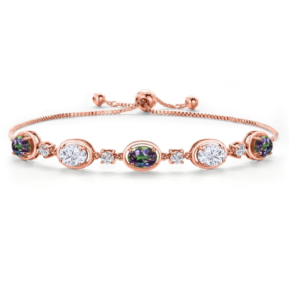 Gem Stone King 18K Rose Gold Plated Silver Green Mystic Topaz and White Moissanite Bracelet for Women | 4.80 Cttw | Gemstone November Birthstone | Oval 7X5MM | Fully Adjustable 9 inch