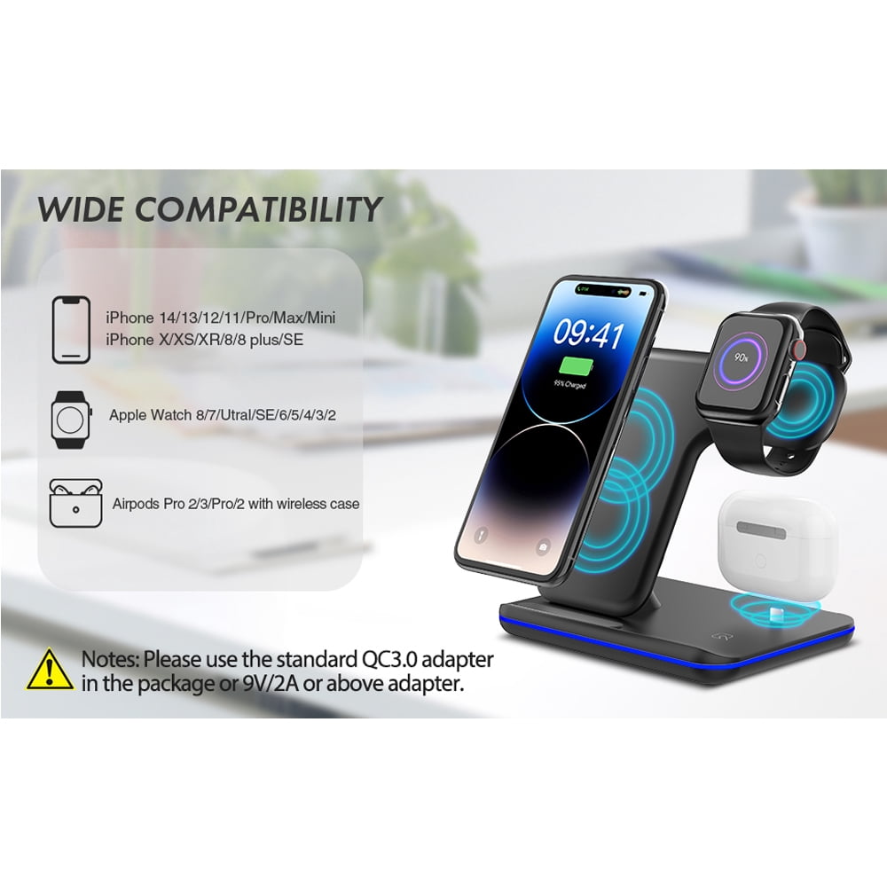 Wireless Charger 3 in 1 Charging Station for Apple: Wireless Phone Stand for iPhone 15/14/13/12/11/Pro/Max/XS/XR/X/8/Plus-Fast Charger Stand for Apple Watch S9-S2 and AirPods,Black