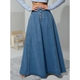 thumbnail image 4 of Women'S Retro High Waisted Button Fly Flared Long Pleated Flowy Swing A-Line Denim Maxi Skirts Dark Blue S, 4 of 10