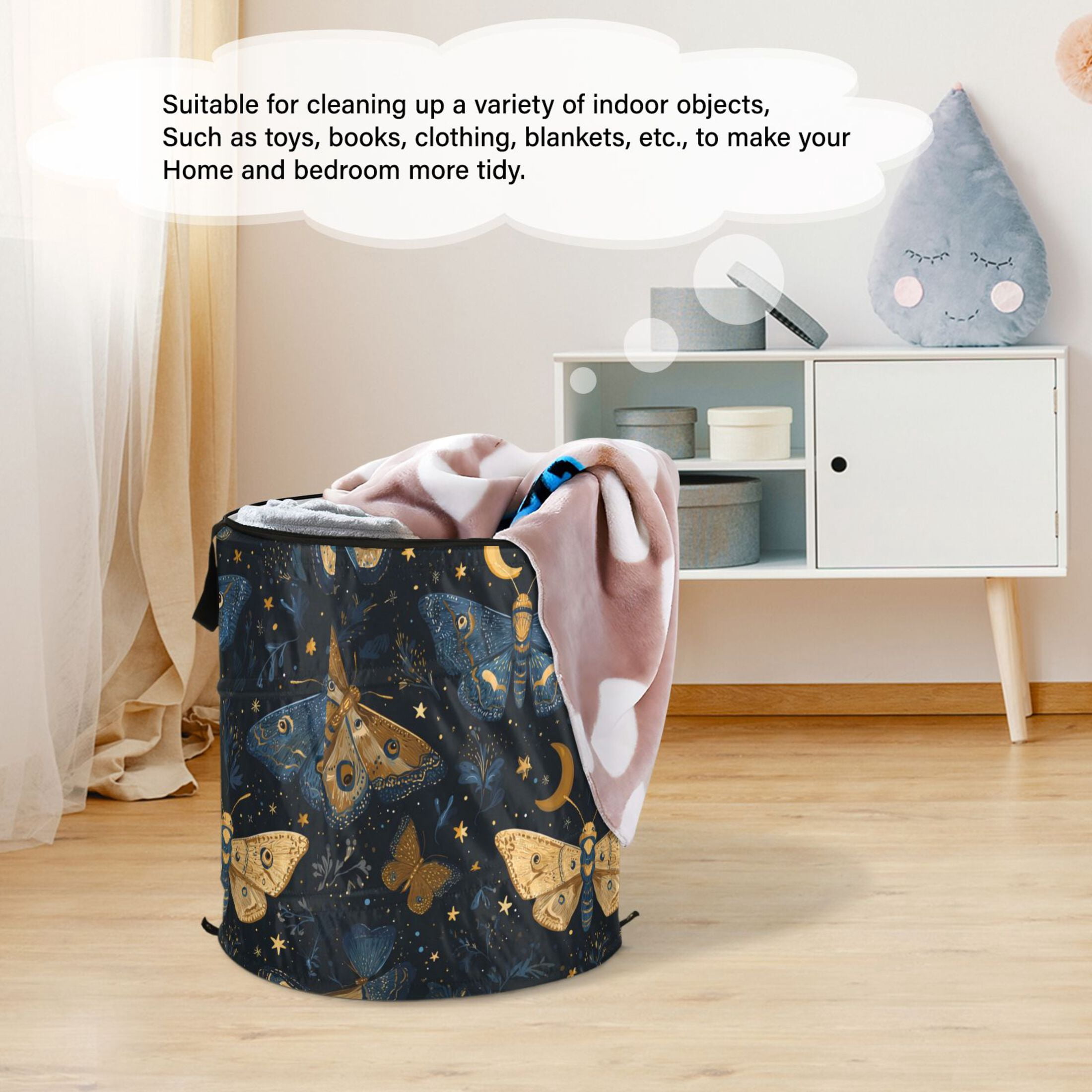 50L Extra Large Popup Hamper Collapsible Laundry Basket With Zippered Lid 15.7x18.5in Butterflies Moon Vector