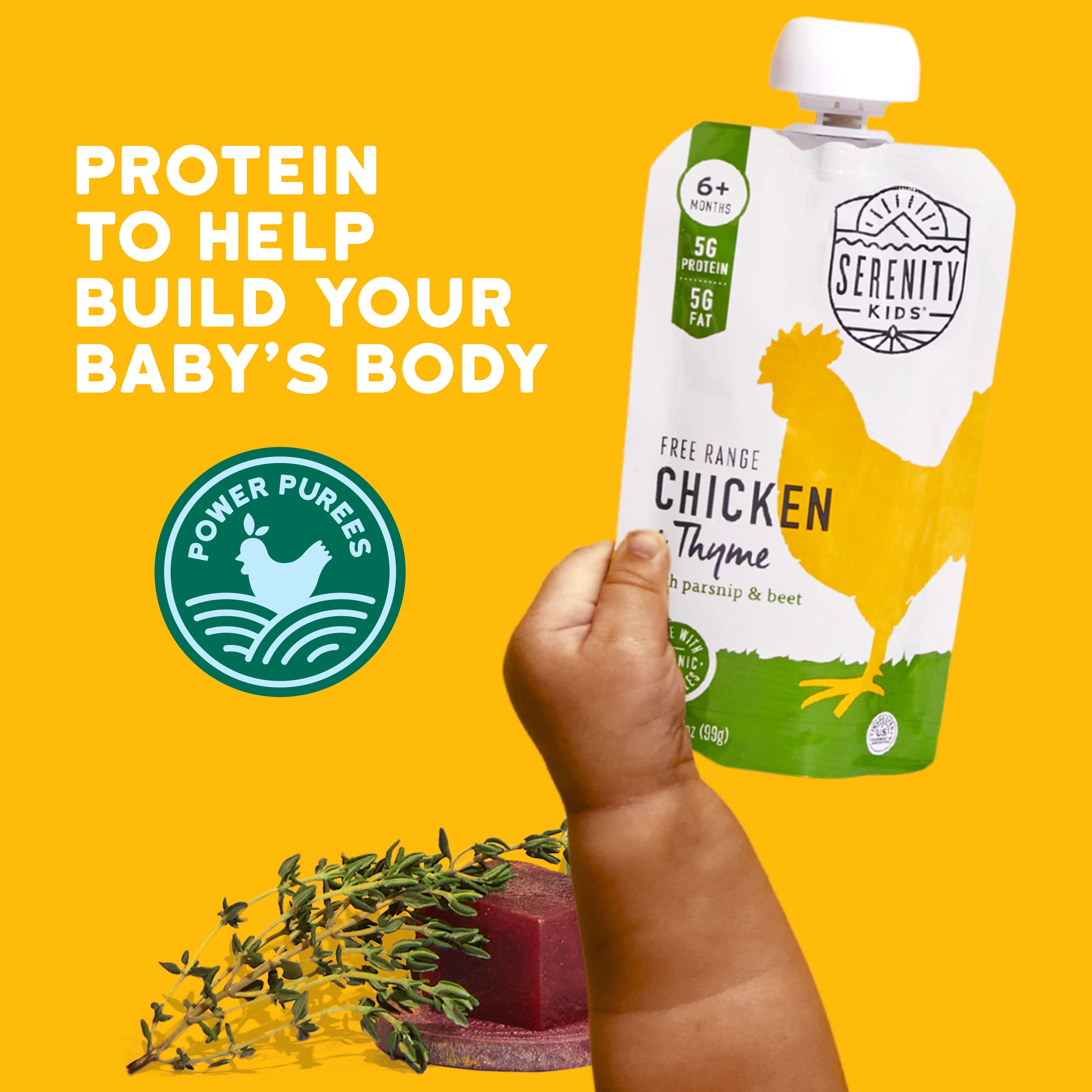 (6 pack) Serenity Kids Free Range Chicken & Thyme Stage 2 Baby Food Organic Parsnip and Beet, 3.5oz Pouch