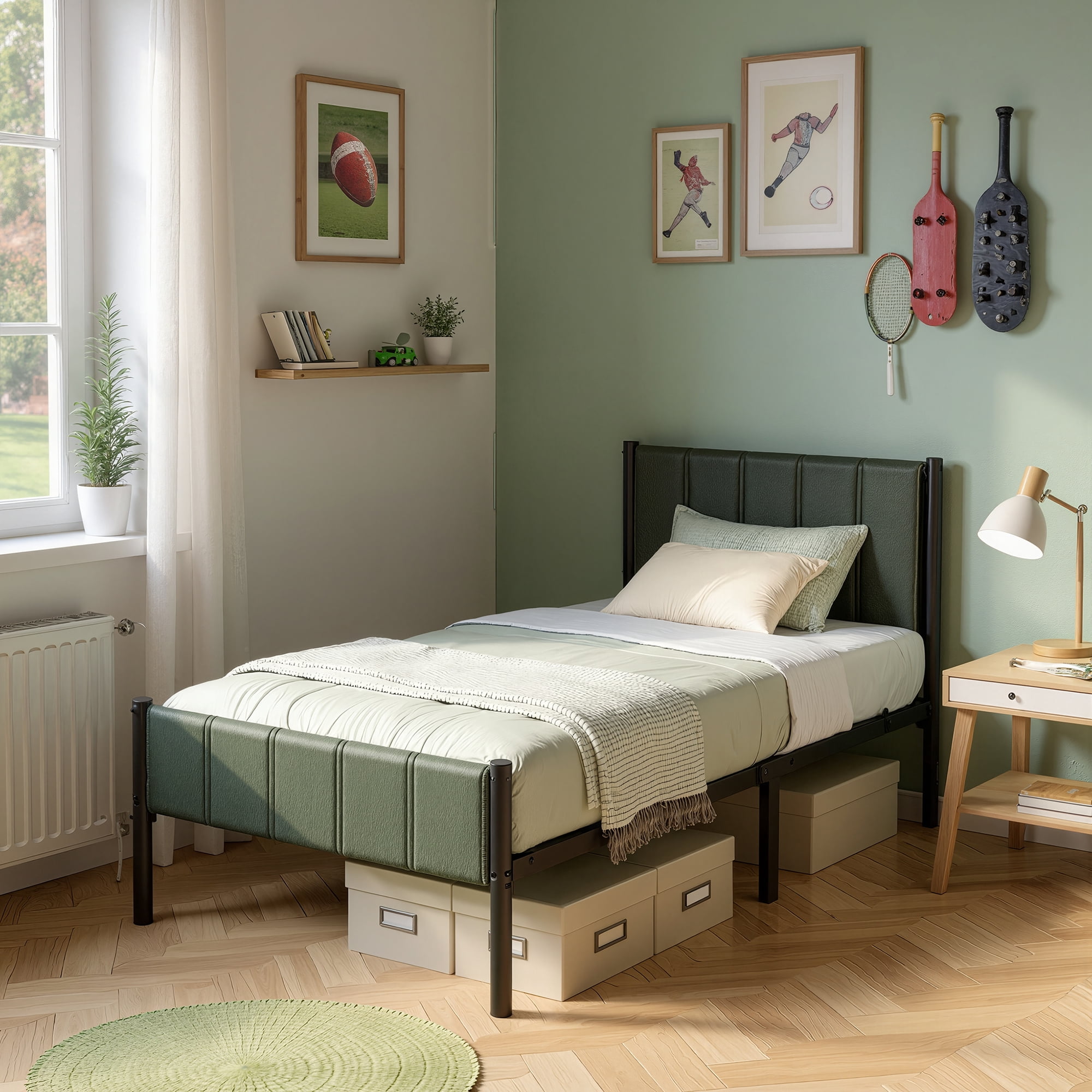 LEDREM Twin Size Metal Bed Frame with Upholstered Headboard and Footboard, 12.4-Inch Underbed Clearance, 550 lb Capacity, Easy Assembly, Forest Green