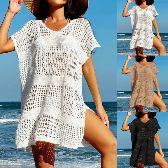 Womens Swimsuit Cover Up V Neck Loose Hollow Beach Sun Cover Up Skirt Swimsuit Coverup for Women