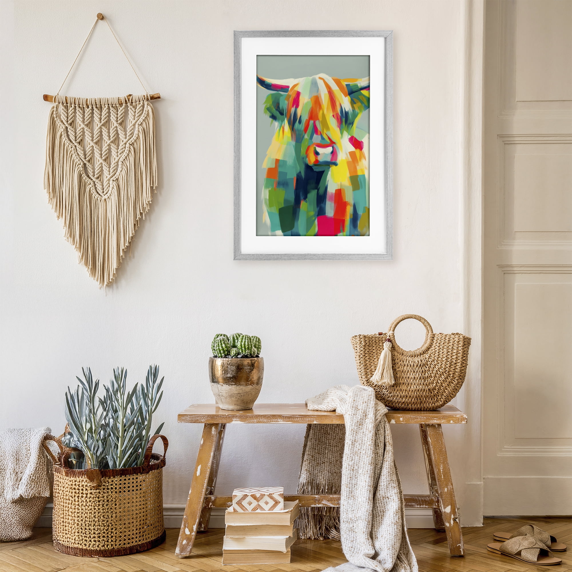 Stupell Industries Highland Cow Abstract Patchwork Gray Framed Print Under Glass, design by Chromatic Storm Studio