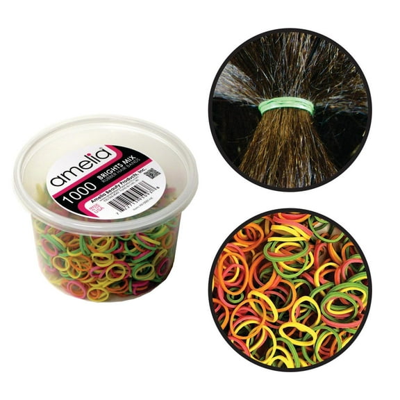 Amelia Beauty | 1/2in, Brights Mix, Elastic Rubber Band Pony Tail Holders | Made in USA, Ideal for Ponytails, Braids, Twists, Dreadlocks, Styling Accessories for Women, Men and Girls | 1000 Pack