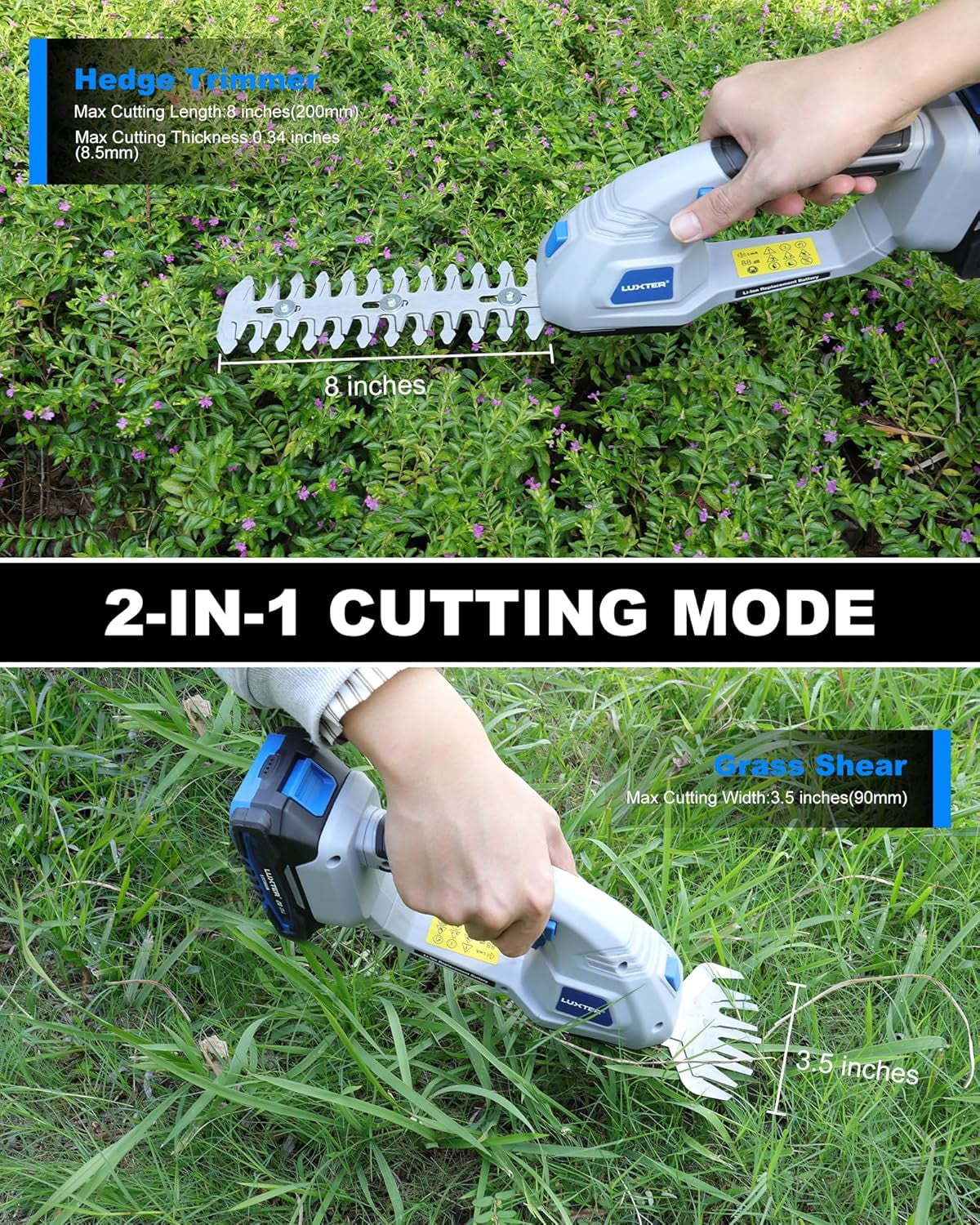 20V Cordless Electric Hedge Trimmer 2-in-1 Handheld Grass Shear Shrubbery Cutter with 2 Batteries Charger for Garden Lawn Yards