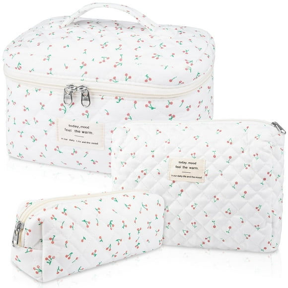 Set de bolsitas de maquillaje Gosect de algodón acolchado con estampado floral para mujer, color blanco