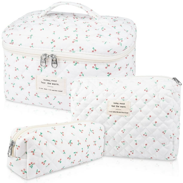 Set de bolsitas de maquillaje Gosect de algodón acolchado con estampado floral para mujer, color blanco
