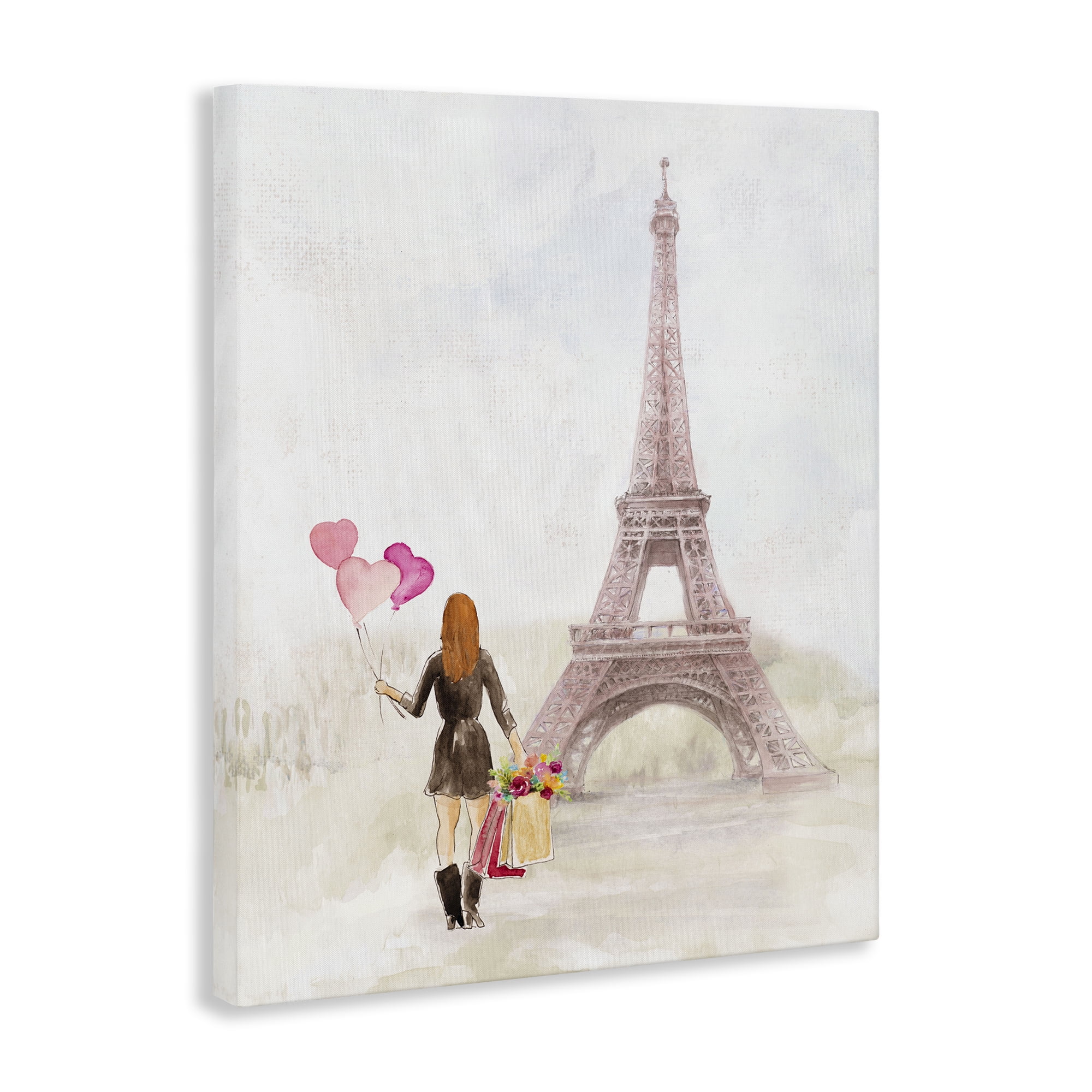 Stupell Industries Eiffel Tower & Heart Balloons Buildings & Architecture Painting Wrapped Canvas Art Print Wall Art, 16 x 20