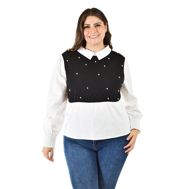 Blusa Con Chaleco de Perlas Roman Fashion Talla Extra Blanco Negro 42