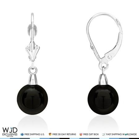 - 8mm Diameter Ball Shaped Onyx Dangle Leverback Earrings 14K Solid White Gold 1