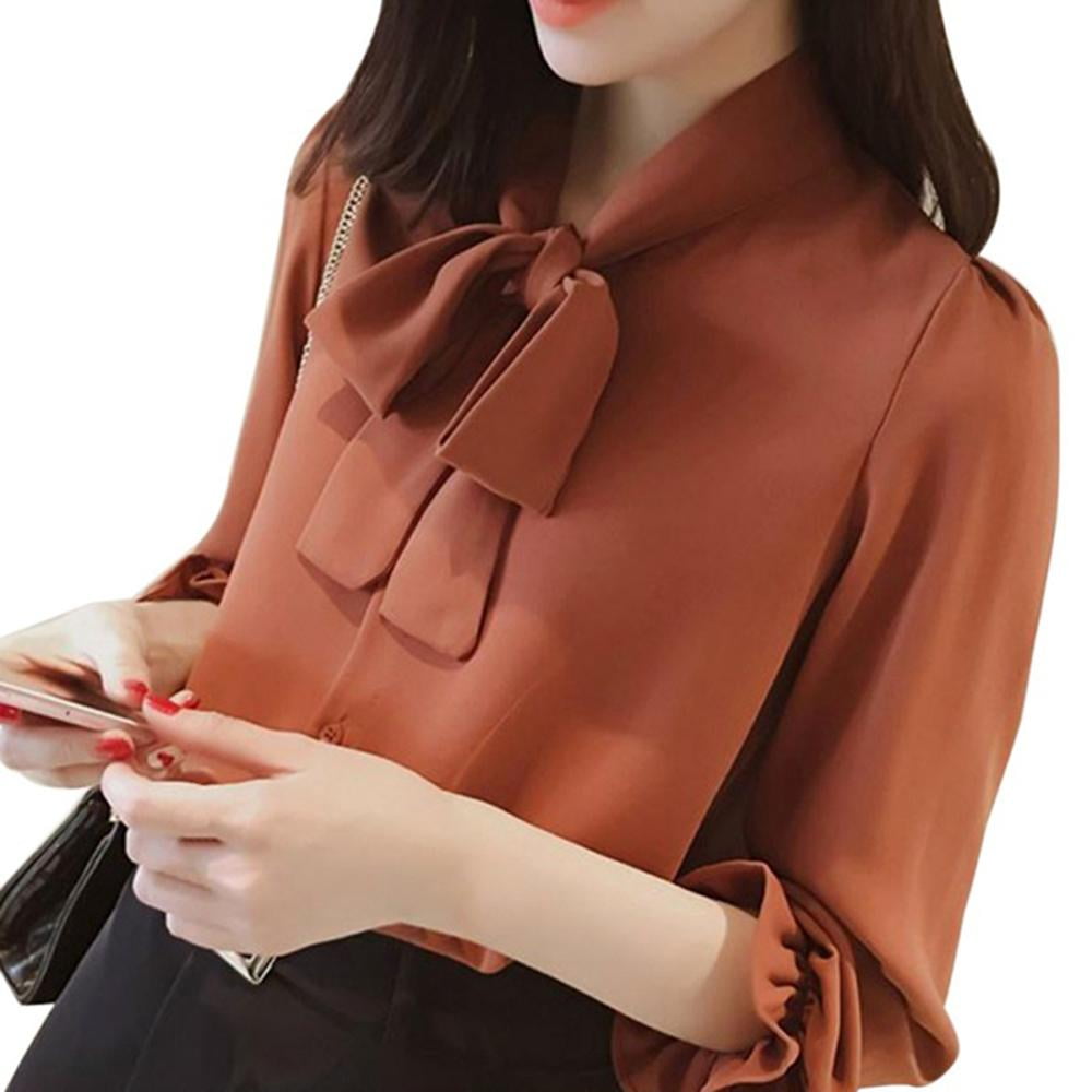 Bow Neck Women's Long-sleeved Chiffon Blouse Shirt Top Solid Color