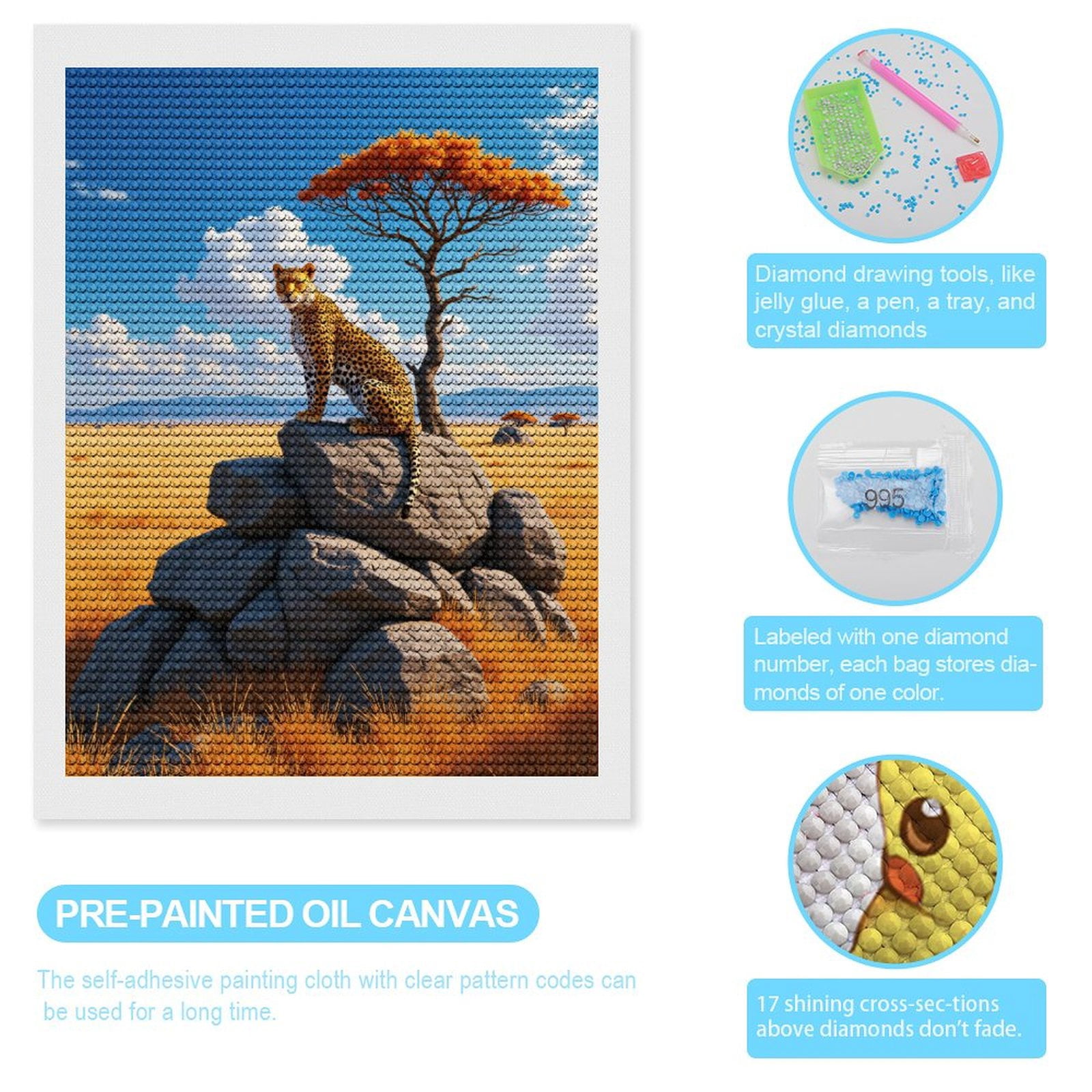 Diamond Art Kits for Adults, Cheetah Rocks Savannah Scenery 5D Diamond Painting Kits for Adults Beginners, DIY Full Drill Diamond Painting, Gem Art and Crafts 12x16