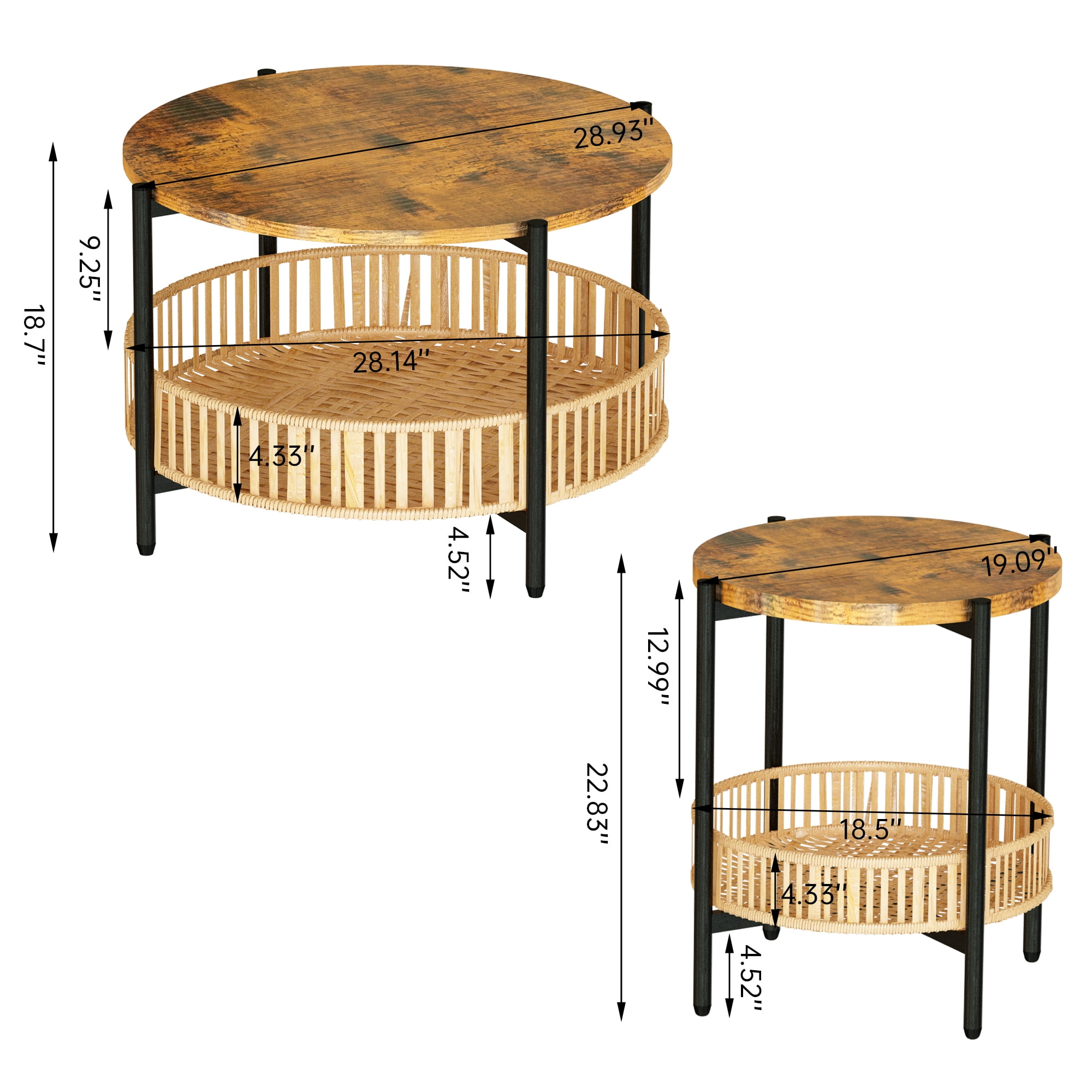 AWQM 3-Piece Round Coffee Table Set with Rattan Storage, Rustic Brown Wood & Woven Side Tables, Space-Saving Living Room Furniture with Natural Boho Style