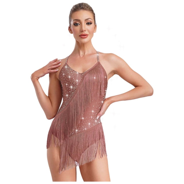 XUNZOO Justaucorps de Danse Latine pour Femmes Robe Sans Manches à Franges Rumba Samba Danse de Salon Rose Poussiéreux TG