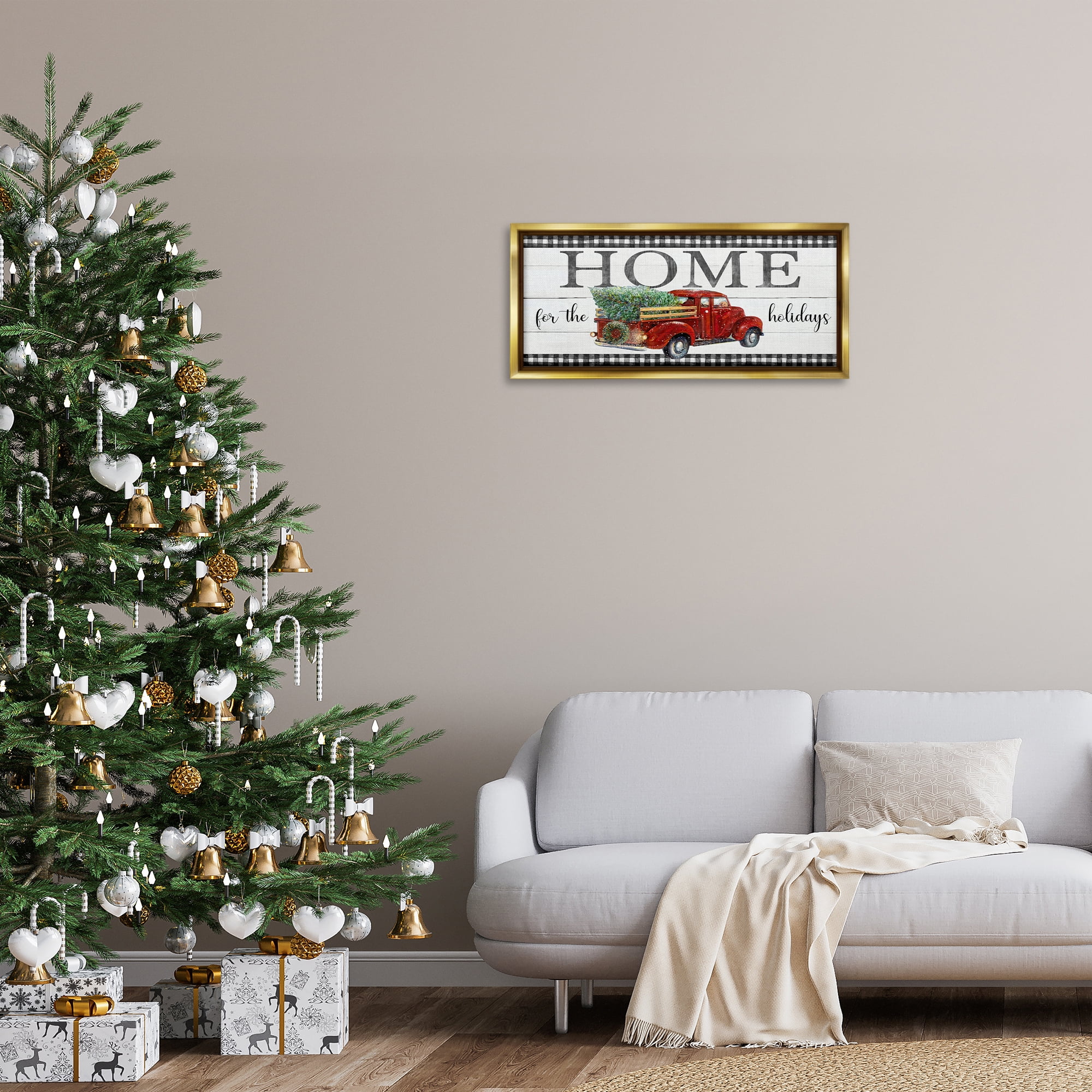 Stupell Industries Home For Holidays Truck Holiday Painting Gold Floater Framed Canvas Art Prints Wall Art, 31 x 14