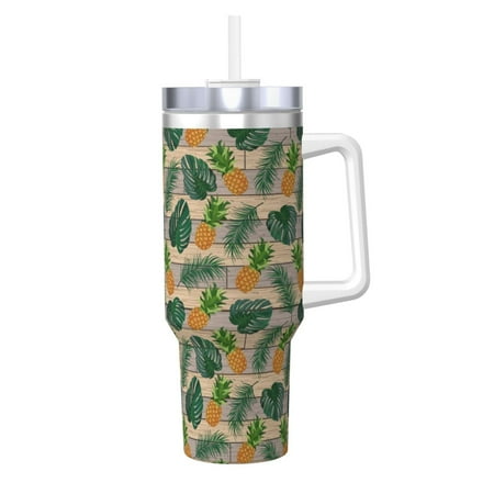 

Goofa Pineapples Palm Leaves Print 40oz Ice Bully With Handle And Straw Stainless Steel Vacuum Insulated Cup And 2 In 1 Straw Lid