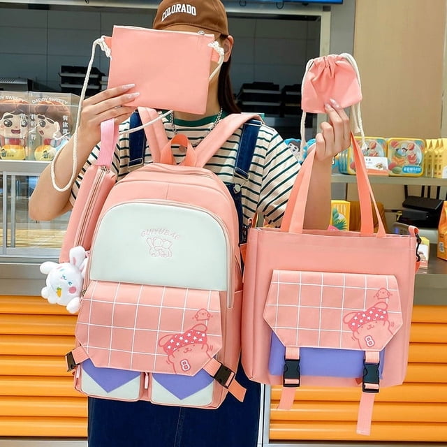 Exclusive Deal, New Elementary School Backpack For The Start Of The School Season Five Piece Set For Supplementary Classes Korean Girl Backpack Junior High School|Canvas,Pink,PENDANEM