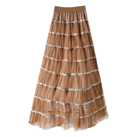 Riforla Women's High Waisted Slim and Sweet Sequin Mesh Patchwork A Line Cake Skirt Midi Skirt Skirts for Women Khaki One Size