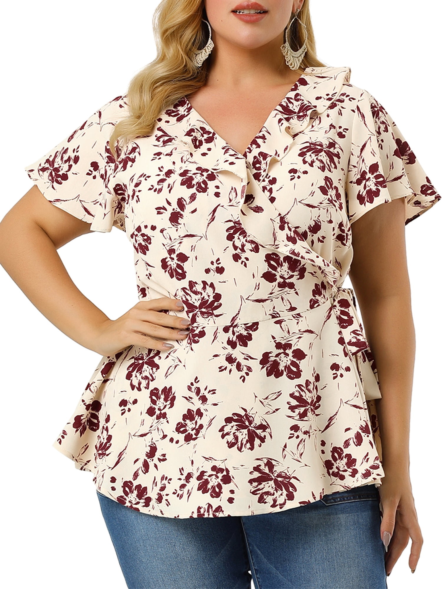 Unique Bargains Women's Plus Size Ruffle Bell Sleeve Wrap Tie Waist Boho Peplum Blouse