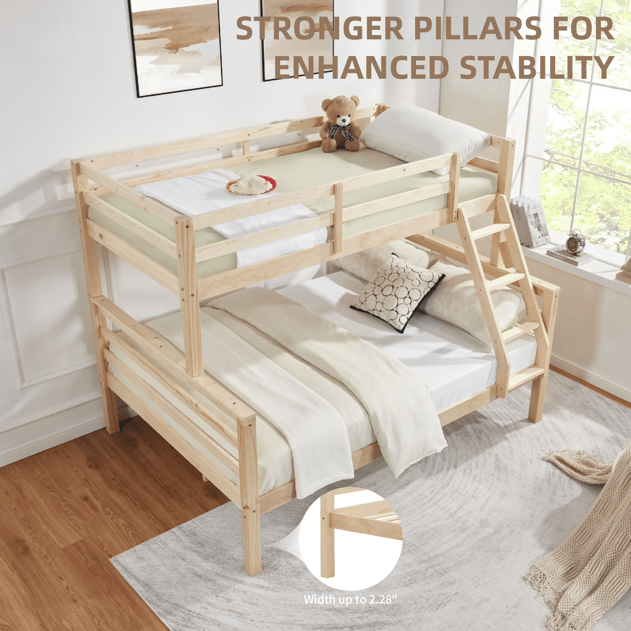 MAYEERTY Twin over Full Bunk Bed with Thick Posts, Wooden Bed Frame with High Guardrail and Ladder for Kids, No Box Spring Needed, Natural