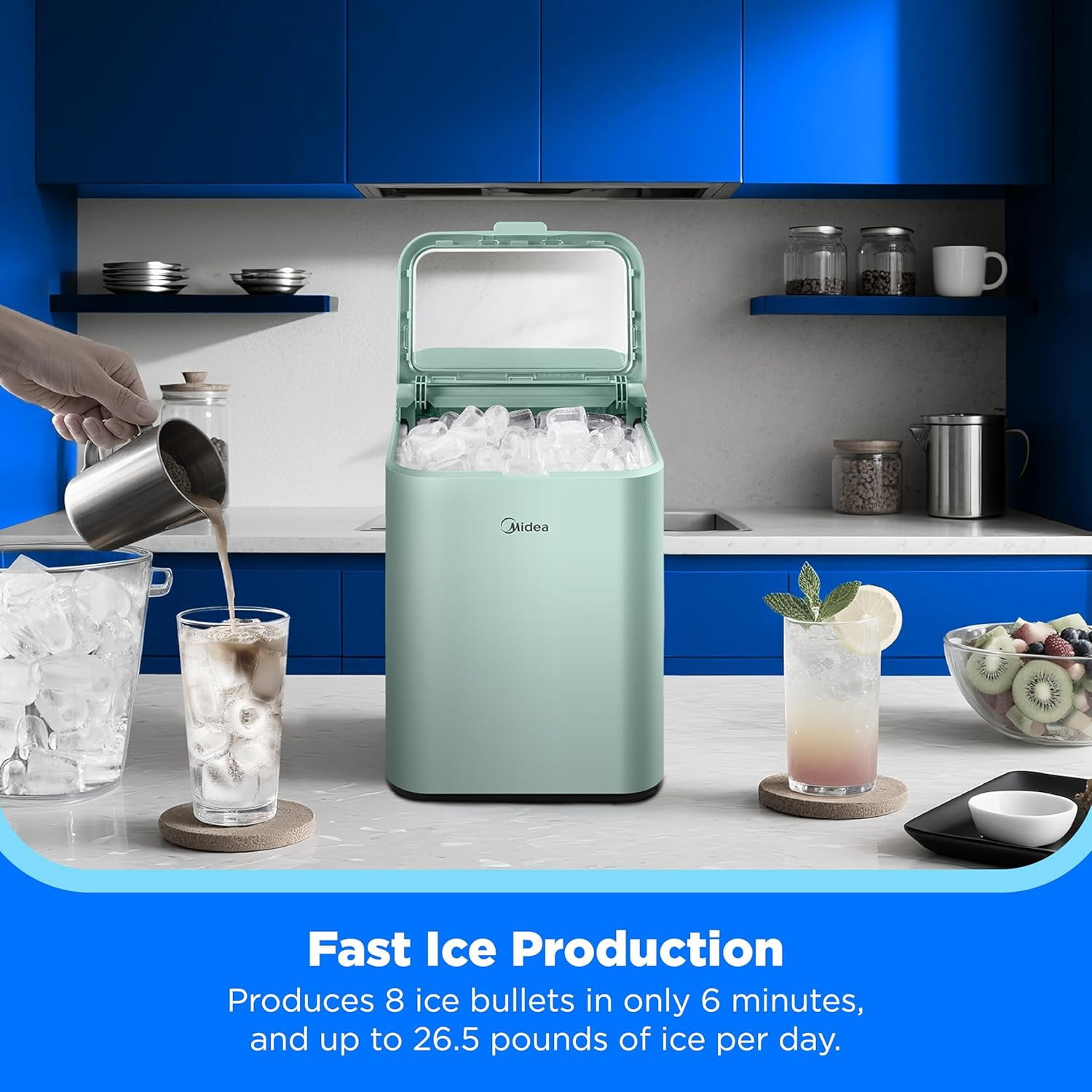 Countertop Bullet-Ice Maker, 8 Ice Bullets Ready in 6 Minutes, 26lbs/24H, -Cleaning Function with Scoop and Basket for Home Office RV
