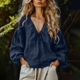 thumbnail image 2 of Tqcoqu Women's Linen Blend V-Neck Gathered Puff Long Sleeve Casual Blouse,Dark Blue Women's S-XXL, 2 of 6