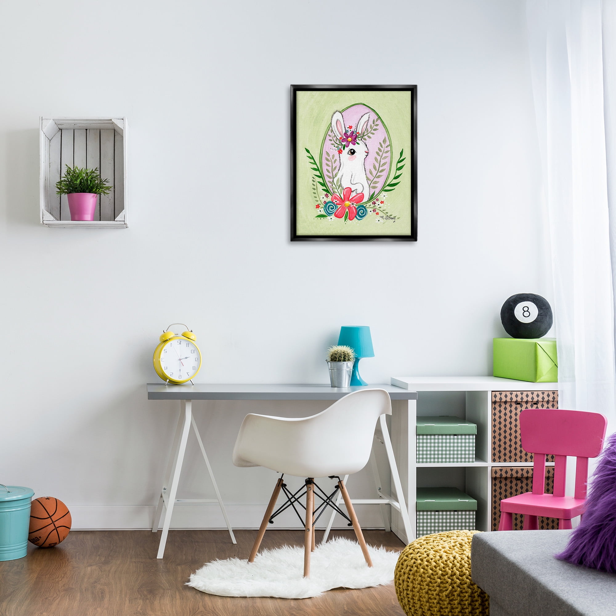 Stupell Industries Spring Bunny & Blossom Animals & Insects Painting Black Floater Framed Canvas Art Print Wall Art, 25 x 31