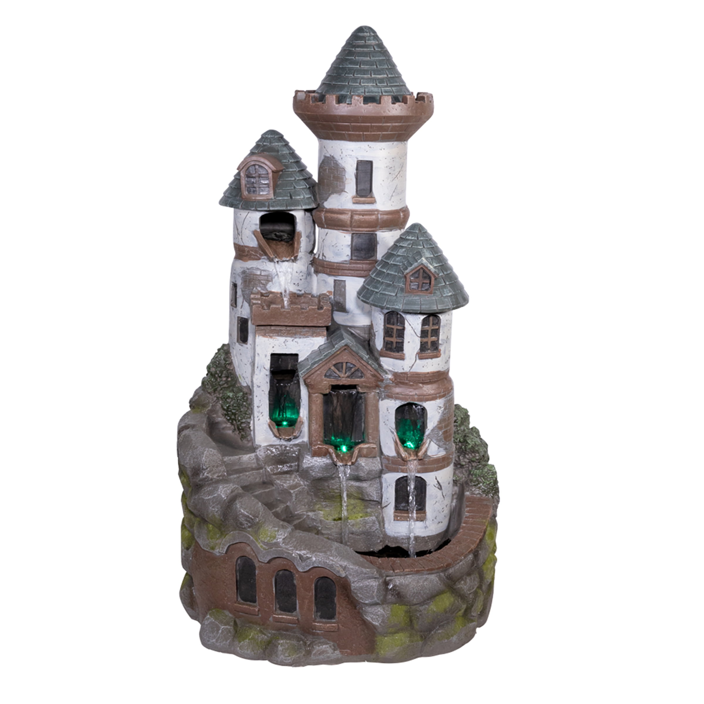 Alpine Corporation 35" Tall Outdoor Corded Electric Castle Fountain with Color Changing LED Lights