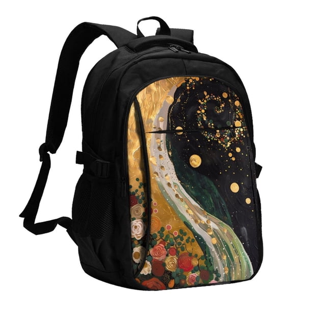 Balery Abstract Gold Floral Galaxy Mochila con carga USB para hombre y mujer - Mochila impermeable y antirrobo para laptop con puerto USB para viajes, trabajo