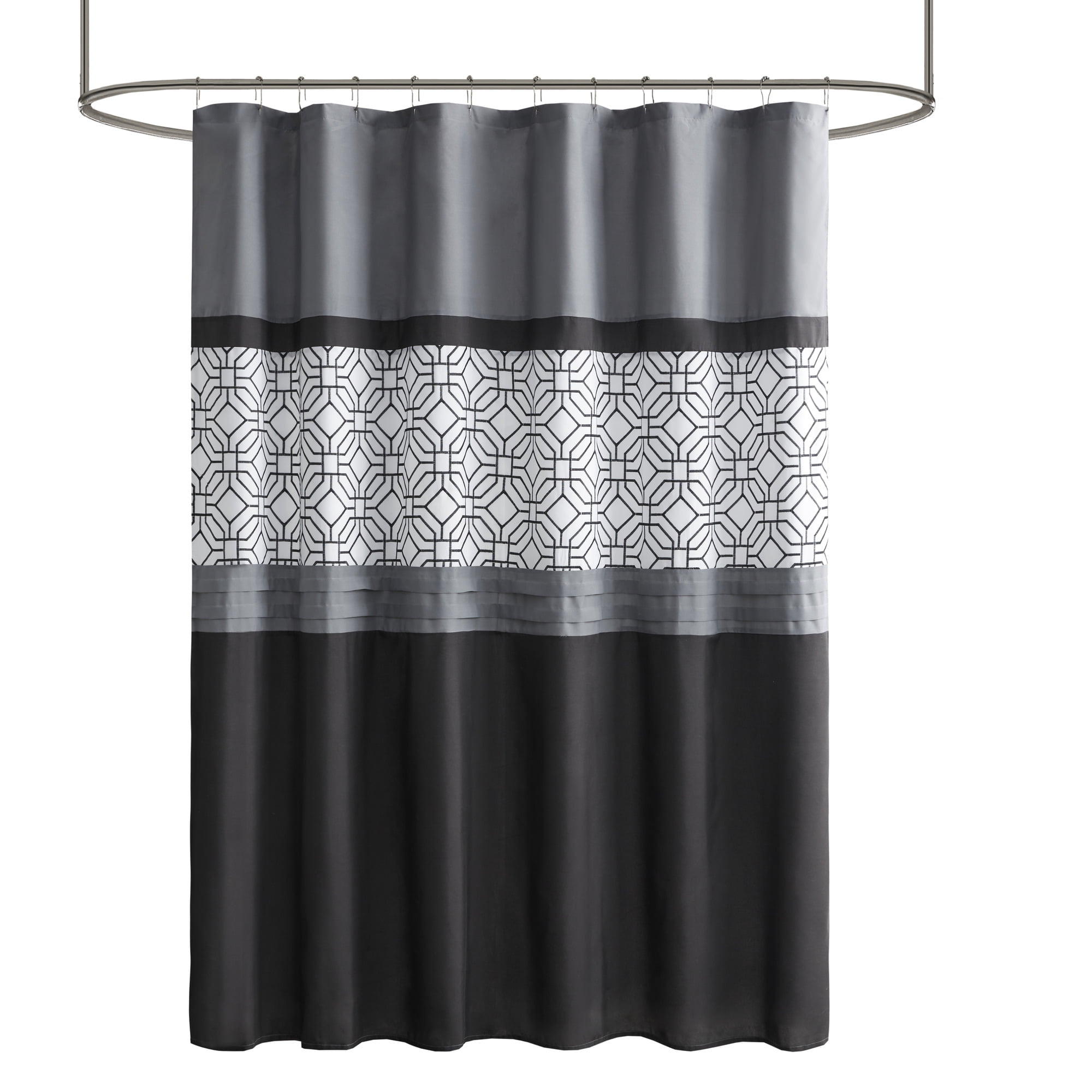 510 Design Black and Grey Shower Curtain, Transitional Embroidered with 12 Button Holes, 72" x 72"