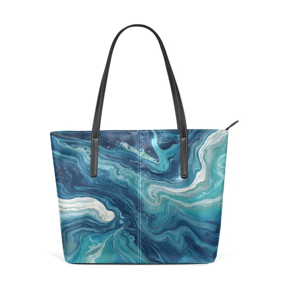 Tote Bag Aesthetic leather Handbags with Zipper for Women Travel Shoulder Bags Purses with compartment. Dark Blue Swirling