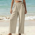 thumbnail image 5 of Lmueinov Womens Cotton Wide Leg Pants Elastic Waist Casual Trousers with Decorative Buttons Solid Color Flowy Long Pants for Summer Beach Vacation Clothes, 5 of 6