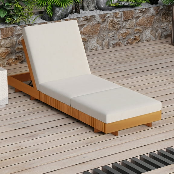 Christopher Knight Home 76.8" Outdoor Chaise Lounge with Tri-Foldable Cushion, Adjustable Backrest, Wood Frame, Cream