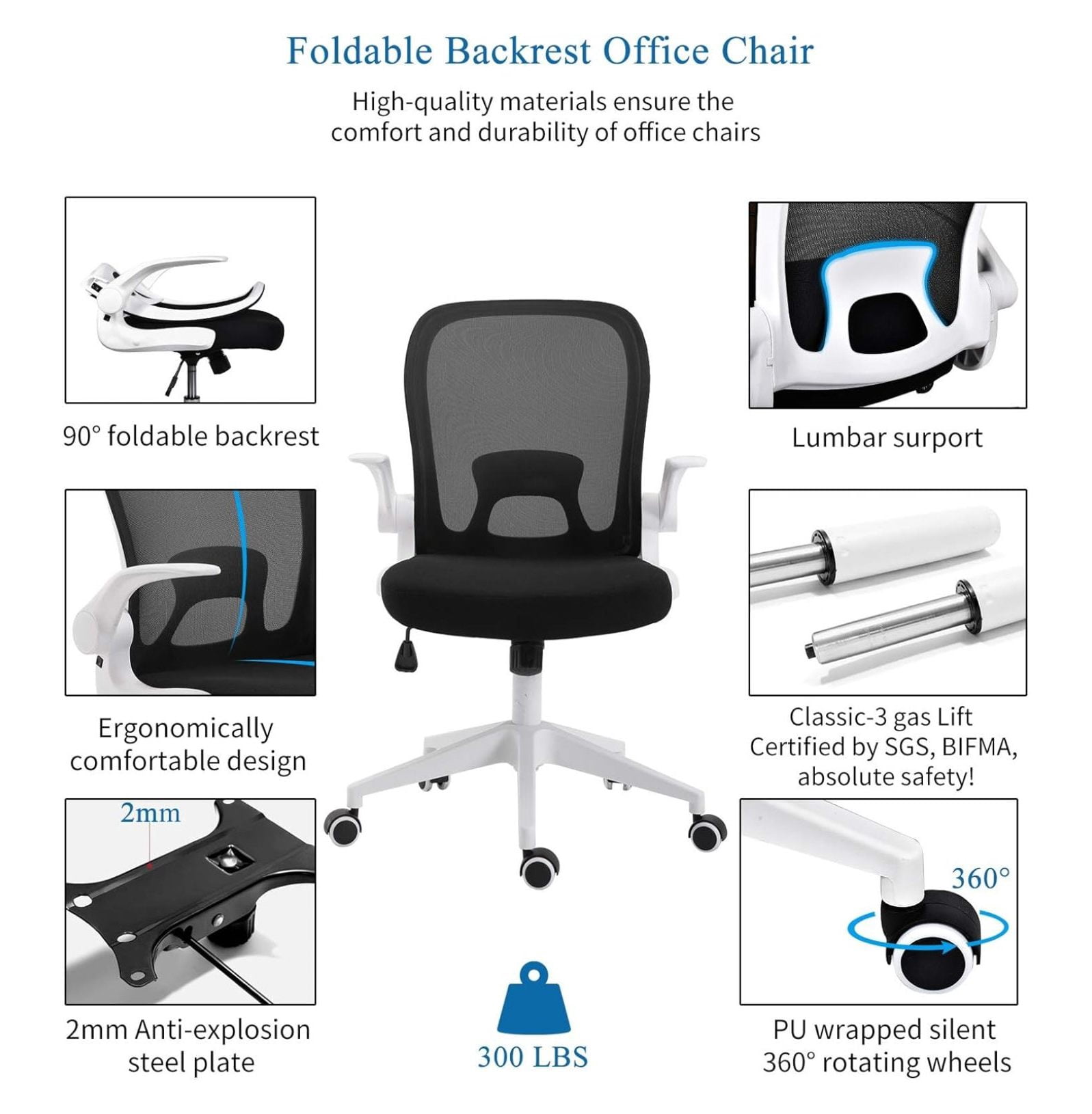 Foldable Office Chair - Home Office Desk Chairs with Wheels and -Up Arms - Ergonomic Backrest Mesh Computer Chair Adjustable Swivel Rolling Home Executive (White)