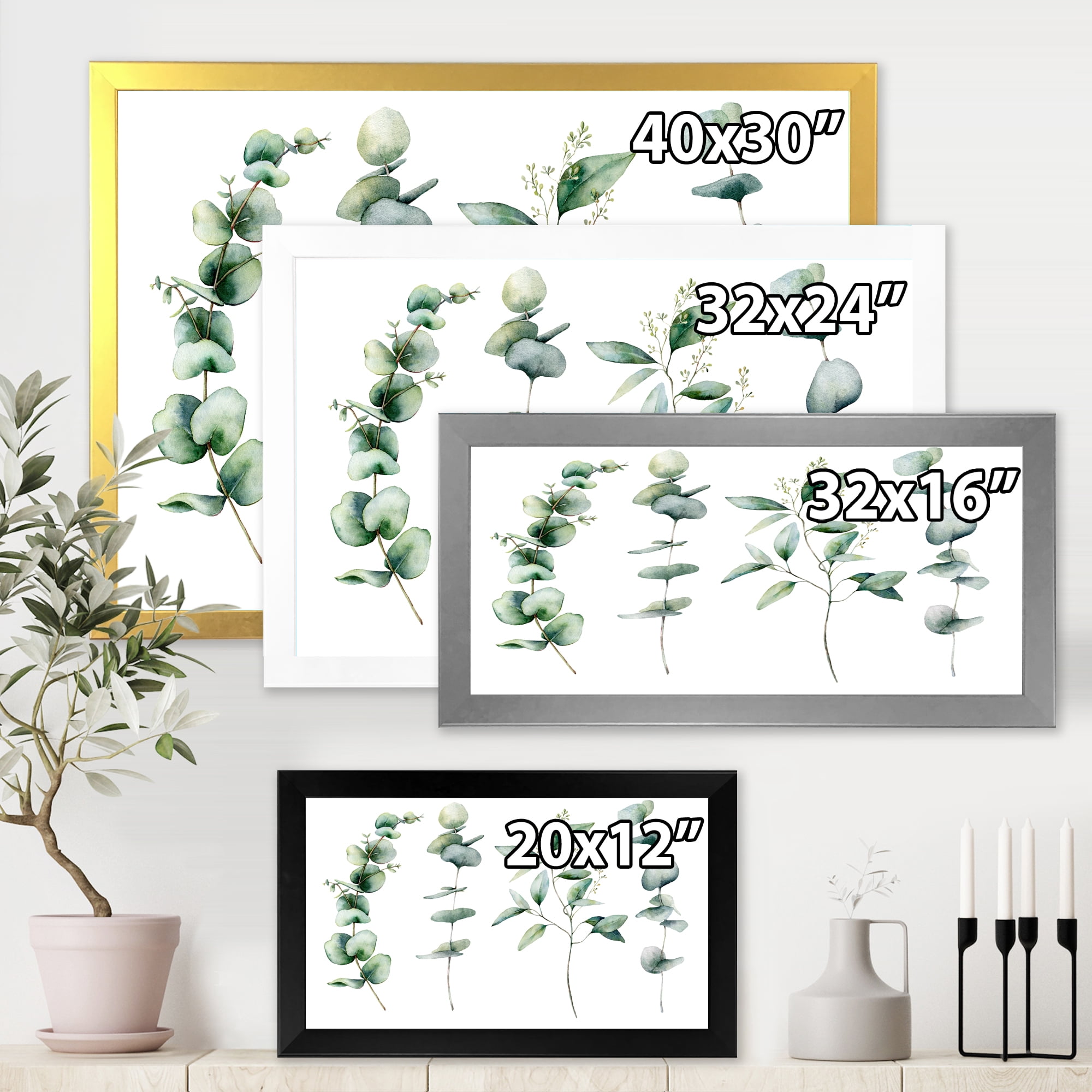 Designart 'Green Eucalyptus Plant Branches I' Traditional Framed Art Print