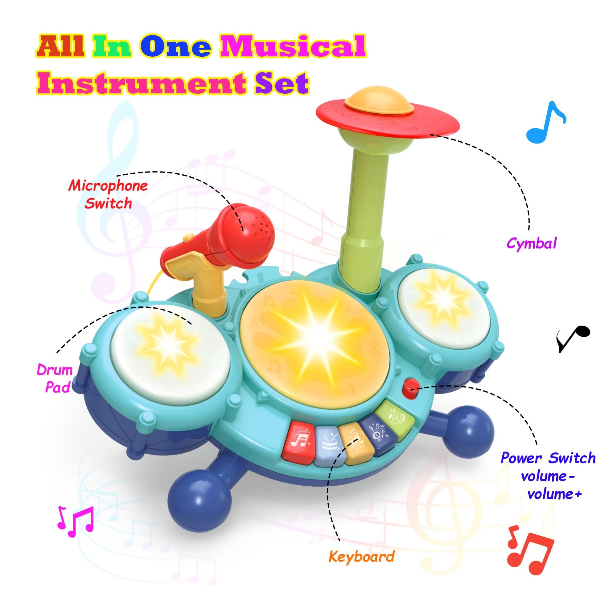 Contixo Kids Drum Set with Lights and Sounds, 5 Playback Modes Musical Instrument for Ages 2 to 5, Blue