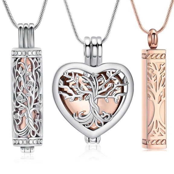3 Pack Cremation Urn Necklace for Ashes for Women Men Stainless Steel Heart Cylinder Cube Memorial Keepsake Pendant for Holder Loved One Ash