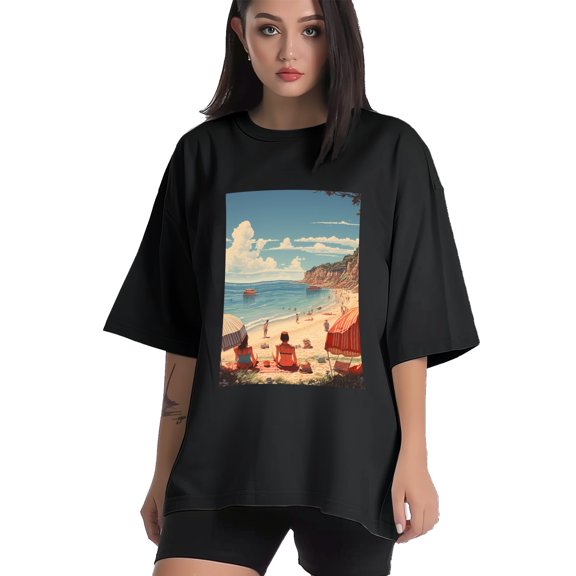 Plus Size Shirt for Women Black Tops for Women Short Sleeves Shirt for Women Seaside (49) T Shirt Crewneck Shirt for Women XS
