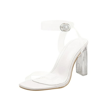 

Cathalem Ladies Fashion Transparent Square Open Toe Buckle Thick High Heeled Sandals White 41