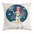 thumbnail image 1 of Anime Throw Pillow Cushion Cover, Illustration of a Girl against Background of Space with Stars and Moon near Her Hand, Decorative Square Accent Pillow Case, 24 X 24 Inches, Multicolor, by Ambesonne, 1 of 2