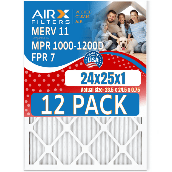 24x25x1 Air Filter MERV 11 Rating, 12 Pack of Furnace Filters Comparable to MPR 1000, MPR 1200 & FPR 7 - Made in USA by AIRX FILTERS WICKED CLEAN AIR.