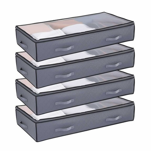 KFFKFF Under Bed Storage with Transparent Lids, 39.2 x 19.7 x 7.1 Inch, 90L Large Capacity Containers, Slim Underbed Drawer and Organizer for Shoes, Blankets, and Bedroom Essentials, Set of 4