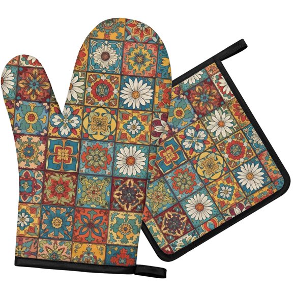 Pioneer Flower Floral Print Pattern 1-Pack Oven Mitts Set, Heat Resistant Kitchen Gloves, 7.7" X 12"