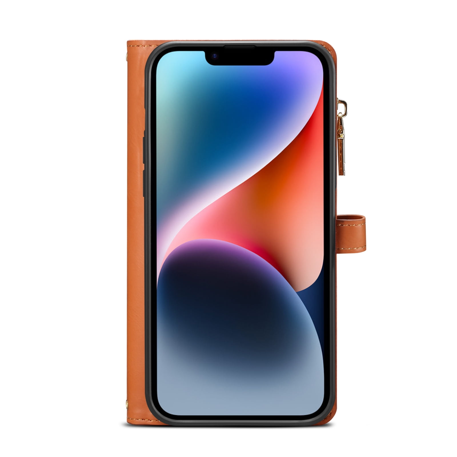 Dteck Wallet Case for iPhone 13 6.1 Inch, Leaf Pattern Luxury PU Leather RFID Blocking Card Slots Holder Zipper Pocket Flip Case with Kickstand Magnetic Crossbody Strap Phone Cover,Brown