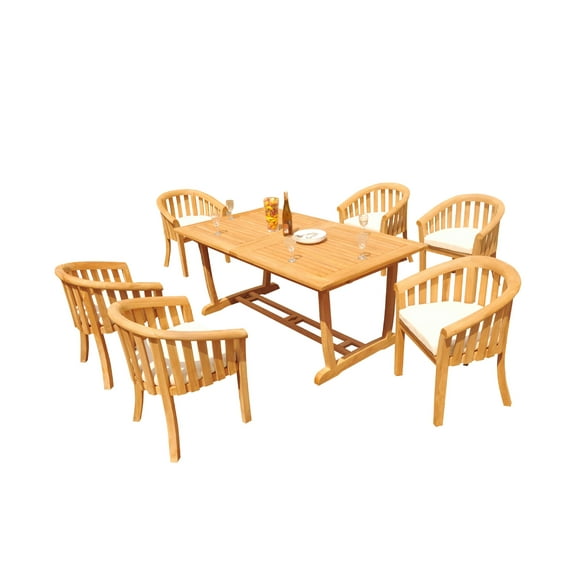 Grade-A Teak Dining Set: 6 Seater 7 Pc: 94" Mas Rectangle Trestle Leg Table And 6 Lenong Arm Chairs Outdoor Patio WholesaleTeak #51LN2107