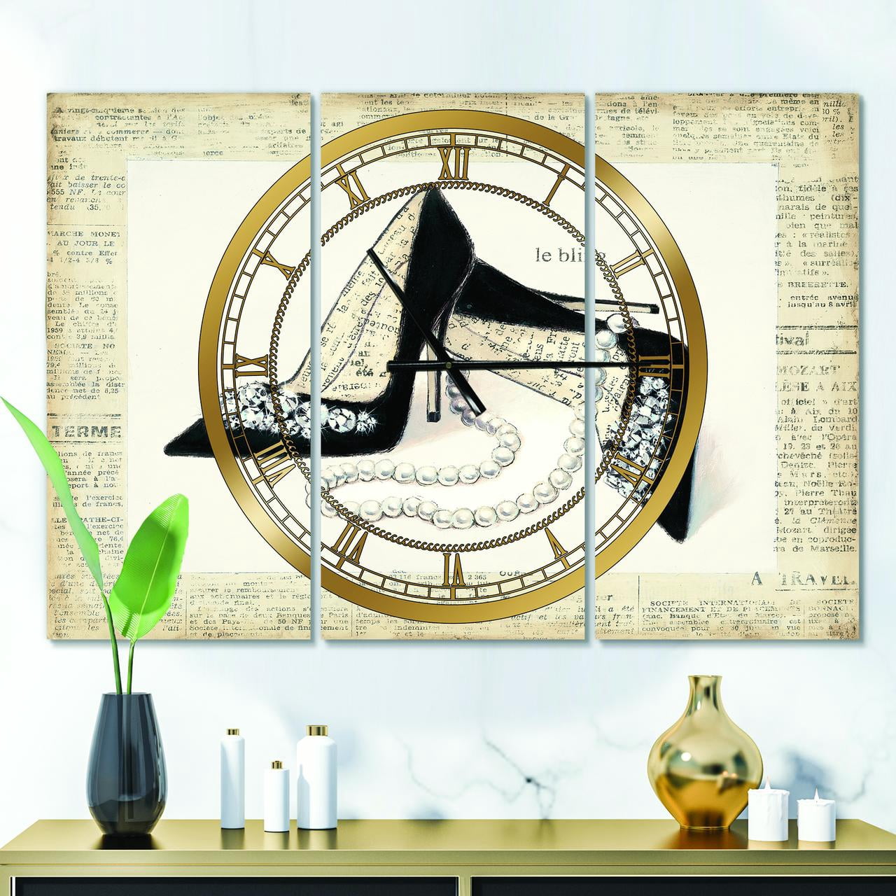 Glamorous Black Diamond Stiletto I' Glam 3 Panels Oversized Metal Clock - 36 in. wide x 28 in. high - 3 panels